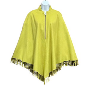 Chartreuse fringe quarter zip poncho cape wool poly blend